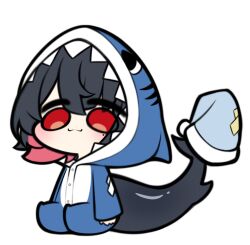 1girl alternate_costume animal_costume black_hair blue_hat chibi chibi_only closed_mouth commentary_request ellen_joe fins fish_tail full_body hat highres holding holding_with_tail hood hood_up looking_at_viewer mole mole_under_eye onesie otu_(o2h2_oh4) prehensile_tail red_eyes santa_hat shark_costume shark_girl shark_tail short_hair simple_background sitting solo tail white_background zenless_zone_zero 
