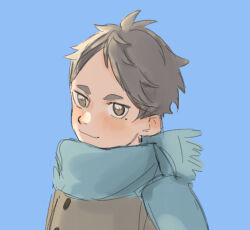  1boy alternate_costume blue_background blue_scarf blush brown_coat brown_eyes closed_mouth coat commentary grey_hair haikyuu!! jitome looking_at_viewer male_focus mole mole_under_eye ofumofu parted_bangs sanpaku scarf short_hair simple_background smile solo sugawara_koushi thick_eyebrows very_short_hair winter_clothes 