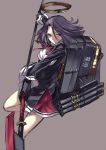  1girl black_gloves glaive gloves grey_background highres kantai_collection karlwolf looking_at_viewer machinery mechanical_halo polearm purple_hair short_hair solo tatsuta_(kantai_collection) violet_eyes weapon 