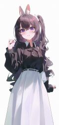  1girl animal_ears bag black_bow black_bowtie black_hair black_nails black_shirt bow bowtie breasts feet_out_of_frame highres long_hair long_skirt looking_at_viewer medium_breasts open_mouth original ponytail rabbit_ears rabbit_girl shiina_1001 shirt simple_background skirt violet_eyes white_background white_bag white_skirt 
