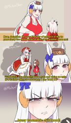  3girls aged_down animal_ears blunt_bangs boots bow brown_hat crying crying_with_eyes_open dress ear_bow ear_covers gold_ship_(umamusume) hat highres horse_ears horse_girl horse_tail imagining kneeling michyxchan mother_and_child mother_and_daughter multicolored_hair multiple_girls on_one_knee parent_and_child parody pillbox_hat point_flag_(racehorse) pointing pointing_up purple_bow sad scene_reference subtitled tail tears the_simpsons twitter_username two-tone_hair umamusume violet_eyes white_hair 