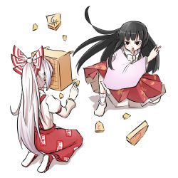 2gitls board_game bow bowtie commentary_request frilled_skirt frills fujiwara_no_mokou go_(board_game) hair_bow highres houraisan_kaguya in_the_face kneeling long_hair long_sleeves open_mouth peroponesosu. pink_shirt ponytail red_apnts red_shoes red_skirt shirt shoes skirt sleeve_garter socks suspenders throwing touhou very_long_hair white_background white_bow white_bowtie white_hair white_shirt white_socks wide_sleeves 