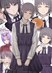  1girl absurdres aguxxxuu belt blood burger chainsaw_man collared_shirt death_devil_(chainsaw_man) dress dress_shirt earrings fami_(chainsaw_man) food fourth_east_high_school_uniform from_above grey_hair hat highres holding holding_burger holding_food jewelry light_blush long_sleeves looking_at_viewer medium_hair mole mole_on_cheek mole_under_eye mole_under_mouth neck_ribbon nosebleed one_eye_closed peaked_cap pinafore_dress pink_eyes pleated_skirt pointing pointing_at_self ribbon ringed_eyes school_uniform shirt skirt sleeveless sleeveless_dress tassel tassel_earrings 
