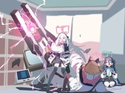  3girls animal_ear_headphones animal_ears aqua_halo aris_(blue_archive) black_hair black_skirt black_thighhighs blank_eyes blue_archive blush cat_ear_headphones cat_ears cat_tail closed_eyes commentary fake_animal_ears fake_tail gun halo headphones highres holding holding_gun holding_weapon huge_weapon jacket jjigong_chigon kei_(blue_archive) kei_(student)_(blue_archive) momoi_(blue_archive) multiple_girls no_shoes open_clothes open_jacket open_mouth pink_halo pleated_skirt seiza shirt sitting skirt slippers tail thigh-highs weapon white_hair white_jacket white_shirt 