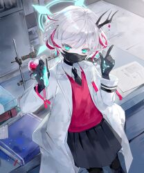  1girl absurdres alternate_costume bags_under_eyes black_gloves black_leggings black_mask black_necktie black_skirt blue_archive blue_eyes blue_halo book book_stack bookmark cardigan coat commentary croma_mhach desk flask gloves halo highres holding holding_vial horns index_finger_raised lab_coat leaning_back leaning_on_table leggings looking_at_viewer mask mouth_mask multicolored_hair necktie open_clothes open_coat pale_skin paper parody pleated_skirt red_cardigan red_streaks round-bottom_flask school_uniform sephie_(shadowverse) shadowverse shirt short_hair skirt solo streaked_hair vial white_coat white_shirt 