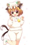  1girl animal_costume animal_ears bell brown_eyes brown_hair cat_ears cat_tail chen ear_piercing fang horns jewelry mob_cap multiple_tails open_mouth piercing pila-pela sheep_costume sheep_horns single_earring smile solo tail touhou 