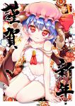  1girl alternate_costume animal_costume arm_support bare_legs bat_wings fang fang_out floral_background fuu_(07199382) hand_on_own_face horns lavender_hair looking_at_viewer low_wings midriff mob_cap off_shoulder pointy_ears red_eyes remilia_scarlet sheep_costume sheep_horns short_hair sitting touhou wings 