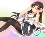  1girl black_hair cosplay detached_sleeves glasses isokaze_(kantai_collection) japanese_clothes kantai_collection kirishima_(kantai_collection) kirishima_(kantai_collection)_(cosplay) long_hair looking_at_viewer nontraditional_miko pantyhose red_eyes skirt solo zhou_yu_(ppaaqz1995) 