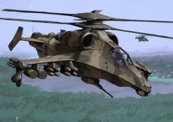  2others aircraft ambiguous_gender attack_helicopter camouflage commentary_request day flight_suit flying forest grey_sky gun helicopter helmet highres horizon machine_gun midair military_vehicle missile missile_pod multiple_others nature original outdoors pilot pilot_helmet river sky tyokugekidato vehicle_focus weapon 