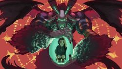  1girl abstract_background animal_ears black_nails boots brown_boots brown_hair demon demon_wings digimon digimon_(creature) digimon_beatbreak donkey_ears dress egg energy_barrier goat_horns green_dress green_eyes hand_on_own_foot hand_on_own_head highres holding holding_egg horizontal_pupils horns icantcutitbut jewelry kagemori_miharu legs_together long_hair lower_teeth_only mephismon pendant puffy_short_sleeves puffy_sleeves red_eyes short_hair short_sleeves smile squatting tail teeth very_long_tail wings 