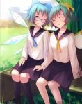  2girls ^_^ bench bespectacled black_legwear blue_hair blush bow cirno closed_eyes daiyousei fairy_wings friends glasses h.l. hair_bow hand_on_another&#039;s_thigh ice ice_wings large_bow long_sleeves multiple_girls pleated_skirt school_uniform serafuku short_hair side_ponytail sitting sitting_on_bench skirt sleeping sleeping_upright socks touhou wings 