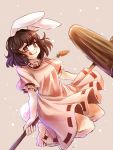  1girl animal_ears barefoot black_hair brown_eyes bunny_tail carrot dress hammer highres inaba_tewi jewelry licking_lips namuko necklace pendant pink_dress puffy_short_sleeves puffy_sleeves rabbit_ears short_sleeves solo tail touhou 