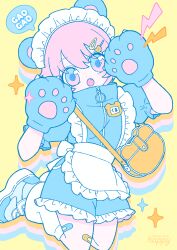  1girl :o absurdres animal_ears animal_hands apron artist_name bag bandaid bandaid_on_knee bandaid_on_leg bear_ears bear_hair_ornament blue_eyes blue_gloves blue_jacket blue_shoes blue_skirt commentary fake_animal_ears fang frilled_apron frills full_body gao gloves hair_between_eyes hair_ornament hairclip hands_up happy_(happi_illust) highres jacket jersey_maid lightning_bolt_symbol looking_at_viewer loose_socks maid maid_apron maid_headdress multicolored_eyes name_tag open_mouth original pastel_colors paw_gloves pink_eyes pink_hair puffy_short_sleeves puffy_sleeves romaji_text shoes short_hair short_sleeves shoulder_bag signature simple_background skirt sneakers socks solo sound_effects sparkle speech_bubble track_jacket two-tone_eyes unconventional_maid waist_apron watermark white_apron white_socks yellow_background zipper zipper_pull_tab 