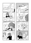  4koma age_difference bespectacled blush closed_eyes comic eating food formal glasses hair_over_one_eye heart inazuma_eleven inazuma_eleven_(series) inazuma_eleven_go kazemaru_ichirouta long_hair miyasaka_ryou monochrome necktie open_mouth ponytail suit time_paradox tomo_(sjim) translation_request 