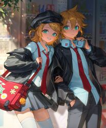  1boy 1girl absurdres ahoge alternate_costume bag black_hat black_jacket black_pants black_skirt blonde_hair brother_and_sister cowboy_shot green_eyes grin hair_ornament hairclip hand_in_pocket hand_on_another's_arm hat headphones headphones_around_neck highres jacket kagamine_len kagamine_rin leather leather_jacket looking_at_viewer miniskirt necktie open_clothes open_jacket pants parallel_hairclips peaked_cap red_bag red_necktie rimga1616 shirt short_hair shoulder_bag siblings sidelocks skirt smile thigh-highs twins vocaloid white_shirt white_thighhighs 