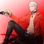  1boy archer collar fate/extra fate/extra_ccc fate_(series) jacket lowres niu_illuminator open_clothes open_jacket red_jacket solo sword weapon white_hair 