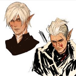  1boy alternate_eye_color black_shirt blood blood_on_face brown_eyes cyq_kk dark-skinned_male dark_skin dragon_age dragon_age_2 elf facial_tattoo fenris_(dragon_age_2) highres multiple_views neck_tattoo official_alternate_hairstyle pointy_ears shirt tattoo upper_body white_background white_hair 