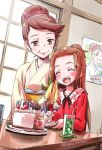  2girls ^_^ blush brown_eyes brown_hair cake closed_eyes dokidoki!_precure drink food glass grandmother_and_granddaughter highres isedaichi_ken long_hair madoka_aguri madoka_mari multiple_girls open_mouth precure short_hair sketch smile 