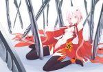  1girl bare_shoulders black_legwear breasts center_opening cleavage detached_sleeves elbow_gloves fingerless_gloves gloves guilty_crown hair_ornament hairclip hand_on_own_chest long_hair navel open_mouth peso pink_hair red_eyes sitting solo thigh-highs twintails wariza yuzuriha_inori 