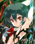  1girl antenna_hair armpits arms_up asymmetrical_wings blush bust character_name green_hair houjuu_nue kamishiki red_eyes short_hair solo torn_clothes touhou wings 