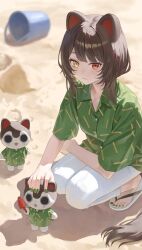  1girl absurdres animal_ears banken_(inui_toko) beach brown_hair bucket closed_mouth collared_shirt commentary day dog_ears dog_girl dog_tail green_nails green_skirt heterochromia highres inui_toko looking_at_viewer medium_hair nail_polish nijisanji outdoors pants petting red_eyes rissenka sand sandals shadow shirt skirt squatting tail toenail_polish toenails toes virtual_youtuber white_pants yellow_eyes 