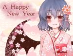  1girl alternate_costume bat_wings blue_hair blush fang flower hair_flower hair_ornament happy_new_year japanese_clothes kimono new_year raayu red_eyes remilia_scarlet solo touhou wings 