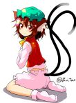  1girl animal_ears bloomers brown_eyes brown_hair cat_ears cat_tail chen earrings hat jewelry looking_at_viewer looking_back multiple_tails no_shoes seiza short_hair simple_background sitting smile socks solo sw tail touhou twitter_username two_tails underwear white_background 
