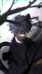  animal_ears black_coat black_eyes black_hair black_tail cat_boy cat_ears cat_tail choi_jongsu coat fumo_(homosukii) garbage_time glowing glowing_eyes highres kemonomimi_mode light_particles lower_eyelashes_only messy_hair slit_pupils tail tree yellow_eyes 