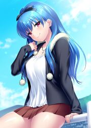  >:) 1girl against_railing arm_at_side black_jacket black_ribbon blue_hair blue_sky blush breasts brown_skirt clenched_hand closed_mouth clouds commission cowboy_shot day eyes_visible_through_hair fairly_life frilled_shirt frills fur-trimmed_jacket fur_trim hair_between_eyes hair_ribbon hand_up jacket jewelry jpeg_artifacts large_breasts long_hair looking_at_viewer matsuda_naoko_(fairly_life) miniskirt open_clothes open_jacket outdoors pendant pleated_skirt railing red_eyes ribbon shiny_skin shirt sitting skeb_commission skirt sky sleeves_past_wrists smile smug solo straight_hair v-shaped_eyebrows white_shirt zen_(kamuro) 