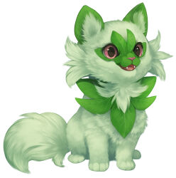  absurdres animal baby_animal cat fangs green_fur highres kitten leaf mewitti no_humans pink_eyes pokemon pokemon_(creature) realistic simple_background sitting solo sprigatito tail white_background 