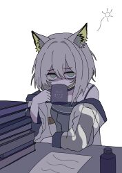  1girl absurdres animal_ear_fluff animal_ears arknights bags_under_eyes bare_shoulders book book_stack bottle cat_ears cat_girl commentary_request constricted_pupils cup drink drinking exhausted garururugi green_eyes grey_hair hair_between_eyes highres holding holding_drink kal'tsit_(arknights) long_sleeves looking_at_viewer medium_hair paper partial_commentary partially_shaded_face see-through_clothes see-through_sleeves simple_background solo squeans white_background yellow_pupils 