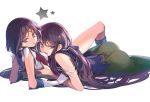  2girls bishoujo_senshi_sailor_moon black_hair boots dress dual_persona earrings elbow_gloves gloves green_dress jewelry knee_boots long_hair lying magical_girl mistress_9 multiple_girls pop_kyun sailor_saturn selfcest short_hair star tiara tomoe_hotaru very_long_hair violet_eyes white_background white_gloves 