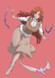  1girl absurdres bleach boots breasts brown_boots brown_eyes brown_skirt brown_sweater_vest collared_shirt commentary full_body highres huge_breasts inoue_orihime long_hair medium_skirt orange_hair outstretched_arms shirt shun_shun_rikka skirt smile solo sonzhondaya sweater_vest untucked very_long_hair white_shirt 