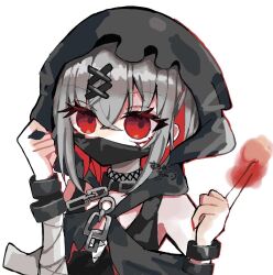  1girl bandaged_arm bandages bare_shoulders black_choker black_hood black_tank_top chain chest_sarashi choker colored_inner_hair commentary_request crossed_bangs cuffs fire grey_hair hair_between_eyes hair_ornament looking_at_viewer mahou_shoujo_no_majo_saiban multicolored_hair pyrokinesis red_eyes red_hair sarashi shackles shito_alisa short_hair simple_background solo stitched_face stitches sumike_so tank_top translation_request upper_body white_background x_hair_ornament 