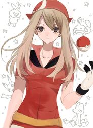  1girl :&lt; blue_eyes brown_hair gloves handkerchief haruka_(pokemon) long_hair looking_at_viewer mudkip pikachu poke_ball pokemon pokemon_(game) pokemon_rse serious solo star tagme torchic tossing treecko tsukioka_tsukiho 