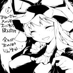 1girl :d ^_^ closed_eyes commentary_request dress facing_viewer hammer_(sunset_beach) mob_cap monochrome musical_note open_mouth smile solo spoken_musical_note touhou translation_request yakumo_yukari 