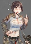  1girl blue_eyes blush breasts brown_hair camouflage cleavage cleavage_cutout erica_(naze1940) flying_sweatdrops highres long_sleeves middle_finger military military_uniform navel open-chest_sweater original pants scissors shears shirt_pull short_hair solo_focus sweater tears uniform zipper 
