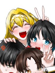  1boy 1girl black_hair blonde_hair blue_eyes blush brown_hair closed_mouth collar embarrassed gokeng_(iamgokengz_) grey_eyes hair_between_eyes hair_ornament highres holding long_hair looking_at_viewer male_focus open_mouth orange_eyes original school_uniform shiny_eyes short_hair simple_background smile tape v white_background 