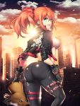  1girl ass bustier camophilia city fingerless_gloves gloves green_eyes highres horse_mask kaizin_rumble leather leather_gloves leather_jacket leather_pants lens_flare looking_back orange_hair pants side_ponytail thigh_strap 