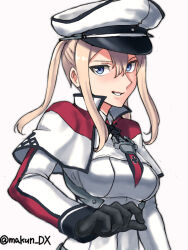  1girl black_gloves blonde_hair capelet celtic_knot commentary_request cross gloves graf_zeppelin_(kancolle) grey_capelet grey_hair hat highres iron_cross kantai_collection knot_print maakun_(makun_dx) military_uniform necktie parted_lips peaked_cap red_necktie sidelocks simple_background smile solo twintails twitter_username two-tone_necktie upper_body white_background white_hat 