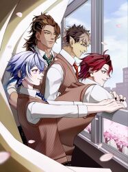  4boys ahoge alternate_costume antenna_hair azamofu blue_hair blue_necktie braid brown_hair brown_sweater_vest cherry_blossoms collared_shirt crimzon_ruze curtains ear_piercing from_side goldbullet green_necktie hair_ornament hairclip highres holoarmis holostars holostars_english indoors jurard_t_rexford long_hair looking_outside male_focus multicolored_hair multiple_boys necktie octavio pencil pencil_in_hair petals piercing pink_petals pointy_ears ponytail red_hair red_necktie school_uniform shirt short_hair striped_clothes striped_necktie sweater_vest tree two-tone_hair upper_body virtual_youtuber white_shirt window 