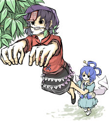  2girls black_hair black_shoes black_skirt blue_dress blue_hair branch collared_shirt commentary_request dress eating from_above hagoromo hair_between_eyes hair_ornament hair_rings hair_stick hat highres kaku_seiga leaf looking_up medium_hair miyako_yoshika multiple_girls open_clothes open_vest outstretched_arms peroponesosu. purple_hat red_shirt shawl shirt shoes skirt solid_circle_pupils teeth touhou vest white_background white_shoes white_vest zombie_pose 
