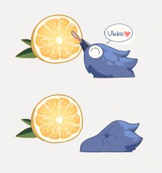  ^_^ absurdres animal animal_focus closed_eyes commentary deltarune english_commentary food fruit grey_background heart highres kawkaw_(deltarune) lemon licking lovelykirby_125 meme no_humans puckered_face simple_background sour_(taste) speech_bubble thour_(meme) tongue utdr_(toby_fox) 