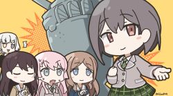  5girls bang_dream! bang_dream!_it's_mygo!!!!! black_hair black_shirt blazer blue_eyes brown_hair chibi chihaya_anon green_necktie green_skirt grey_eyes grey_hair guagua977 heterochromia jacket kaname_raana long_hair looking_at_viewer mole mole_under_eye multiple_girls nagasaki_soyo necktie pink_hair red_eyes school_uniform shiina_taki shirt short_hair skirt takamatsu_tomori yellow_background 