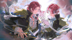  2boys absurdres artist_name ascot bandage_over_one_eye bandages bird black_coat blue_cape braid brothers buttons cape chromatic_aberration closed_mouth coat collared_coat collared_shirt commentary english_commentary epaulettes figarland_shamrock floating_hair flock flying frilled_sleeves frills gloves gold_trim half_up_braid hands_up highres long_hair long_sleeves looking_at_viewer male_focus multiple_boys mygiorni one_eye_covered one_piece open_clothes open_coat parted_bangs parted_lips red_eyes red_hair serious shanks_(one_piece) sheath sheathed shirt short_hair siblings sidelocks sword twins twitter_username upper_body weapon white_ascot white_gloves white_shirt 