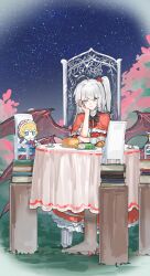  1girl alice_margatroid black_bow black_bowtie black_wings book book_stack bow bowtie capelet chair character_doll chinese_commentary closed_mouth commentary_request cup doll dress food food_request frilled_capelet frills fumo_(doll) grey_hair hair_bobbles hair_ornament hand_on_own_cheek hand_on_own_face highres kori_morri long_hair night on_chair one_side_up red_capelet red_dress shinki_(touhou) sitting smile solo star_(sky) table teacup touhou touhou_(pc-98) wings 