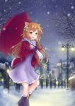  1girl animal_ears asakurashinji boots christmas clover fingerless_gloves four-leaf_clover gloves hair_ornament highres lamppost long_hair looking_at_viewer night night_sky open_mouth original scarf sky snow snowing solo tagme umbrella 