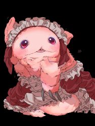  absurdres animal_ears apron black_background black_claws blush body_fur bow breasts claws cleft_lip commentary creature dress enmaided fang fewer_digits fluffy frilled_apron frilled_dress frills furry hair_bow highres looking_at_viewer made_in_abyss maid maid_headdress mitty_(made_in_abyss) multiple_hair_bows narehate open_mouth pink_fur red_eyes sekaineko_001 signature simple_background small_breasts tongue 