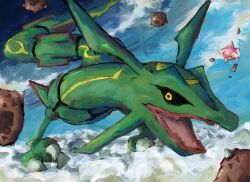  @_@ blue_sky clouds commentary_request dragon highres minior minior_(core) minior_(meteor) minior_(red_core) panha pokemon pokemon_(creature) pokemon_focus rayquaza sky stratosphere tagme yellow_eyes 