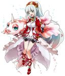  1girl brooch crossover fish frills goldeen green_eyes grey_hair horn jewelry lailah_(tales) liel long_hair poke_ball pokemon ponytail shoes skirt smile tales_of_(series) tales_of_zestiria 